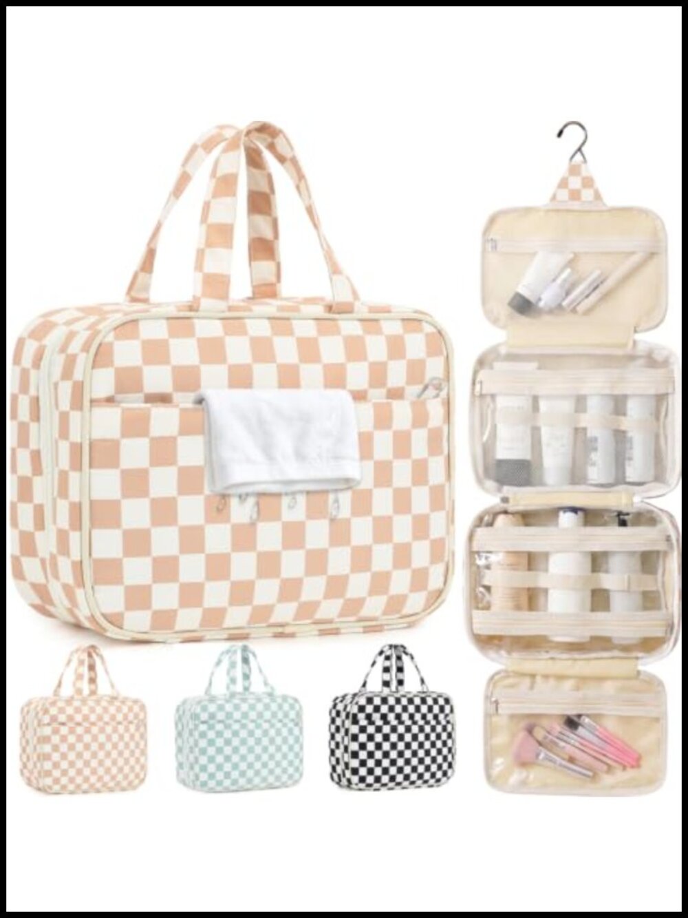 Waterproof Hanging Travel Toiletry Bag Checkered Makeup Cosmetic Organizer